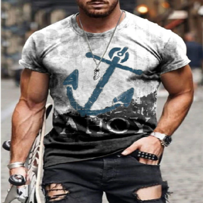 

Men's anchor print T-shirt oversized retro short-sleeved shirt fashion O-neck street style 2021 summer new style