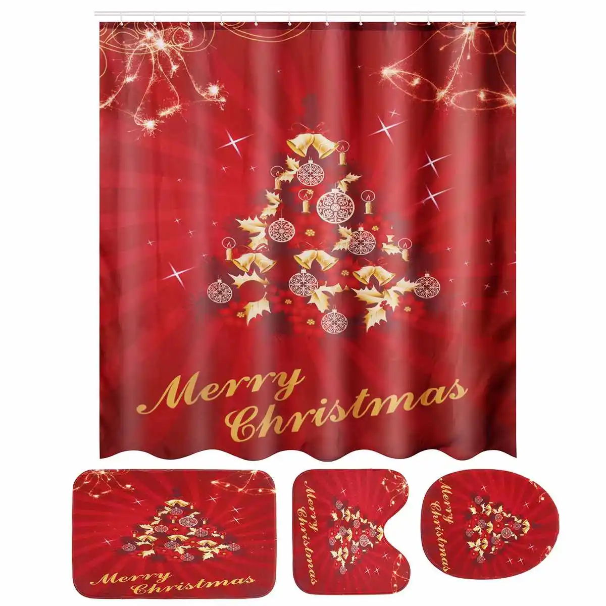 

Merry Christmas Bathroom Set Red Christmas Tree Pattern Waterproof Shower Curtain Toilet Cover Mat Non Slip Rug Christmas Decor