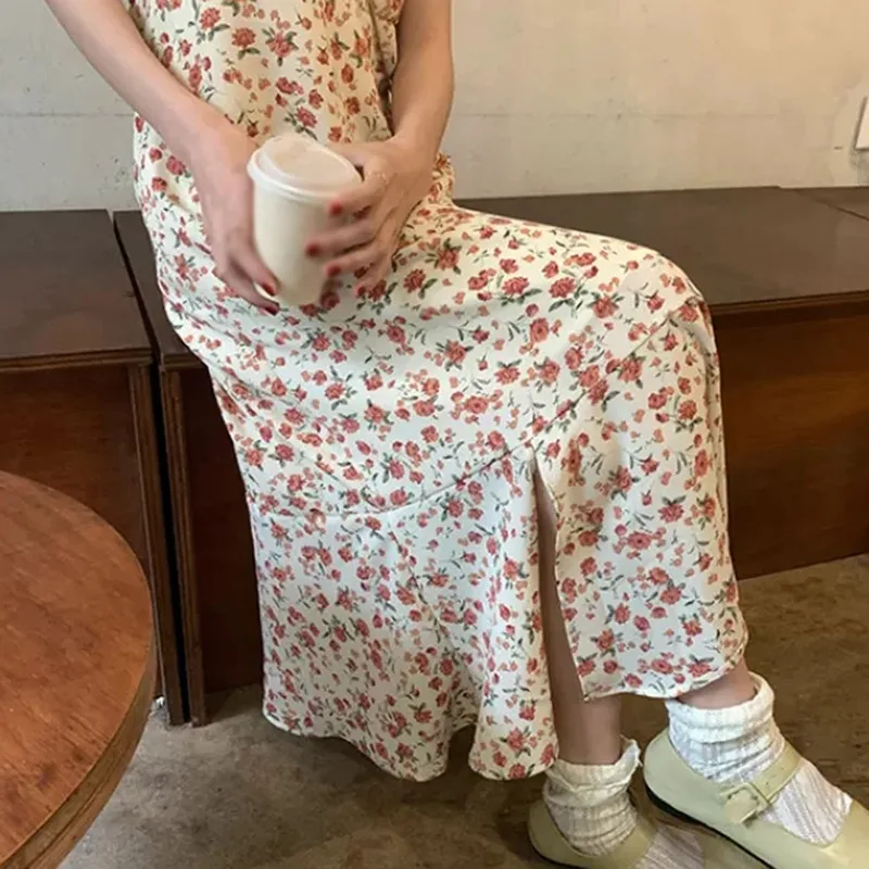 

Summer Female Korean Style Retro Casual Dress Floral Design Mid-Length Sling Vestidos Holiday Dress Femme vestido de mujer