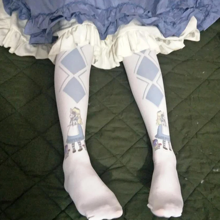 

Japanese-style Lolita Lolita Lengthen Thigh High Socks Blue And White Diamond Lattice Printed Stockings Loli