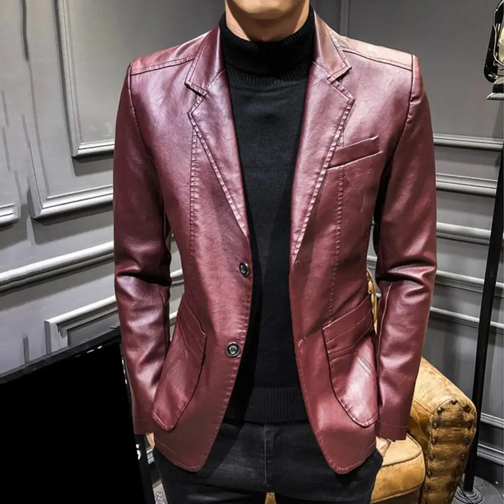 Мужской однотонный блейзер из искусственной кожи облегающая куртка с длинным