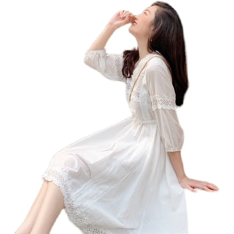 

COIGARSAM Lace Women dress New Spring Summer Hollow Out High Waist Dresses White Red 975