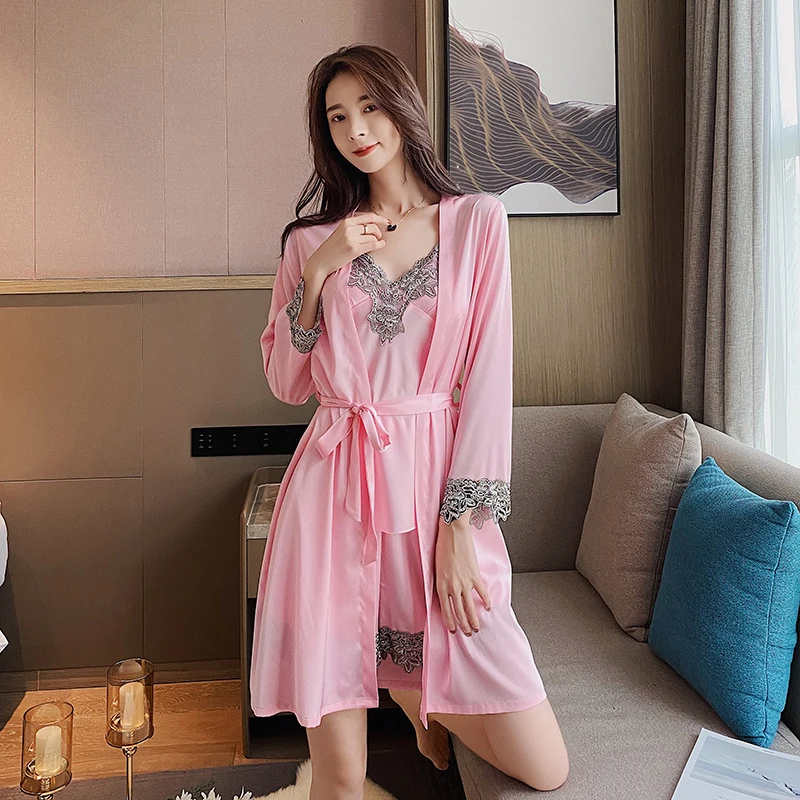 

Women Sexy Satin Pajamas 5 pieces a Set Nightwear Solid V Neck Ladies Sleepwear Suit Home Wear