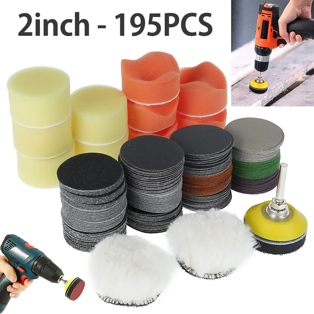 

195pcs 2Inch Sponge Car Polisher Waxing Pads Buffing Kit Sanding Discs 60-10000 Grit Paper with 2Inch Abrasive Polish Pad