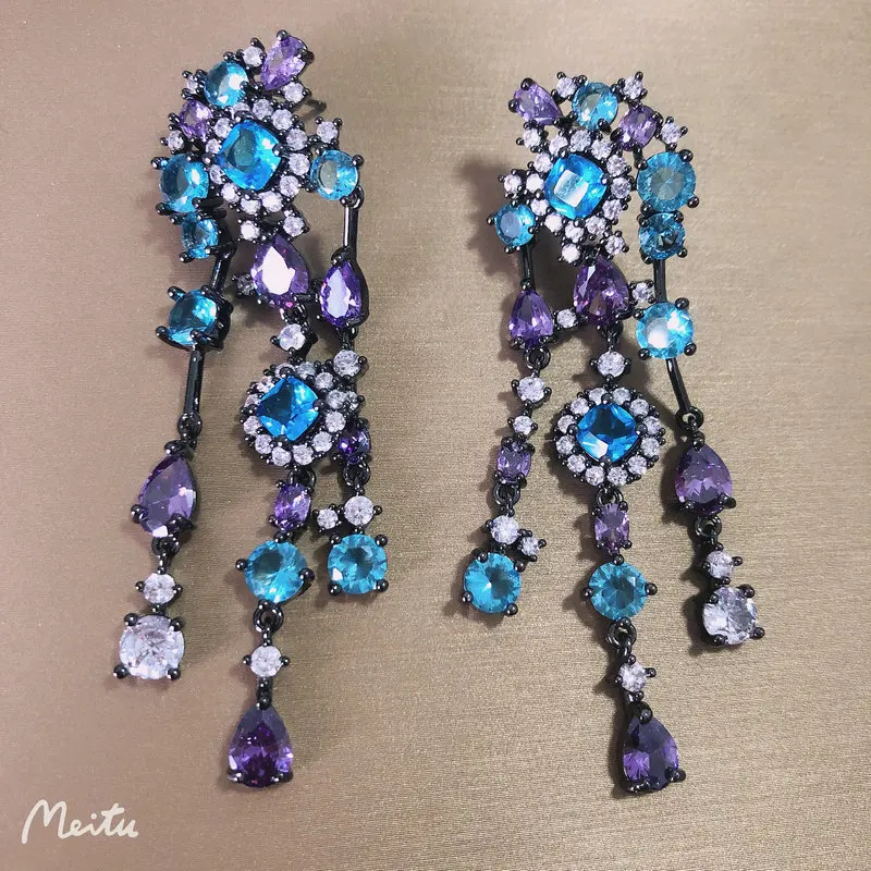 

Bilincolor Vintage Shinning Purple and Blue Tassel Eearring for Women Wedding