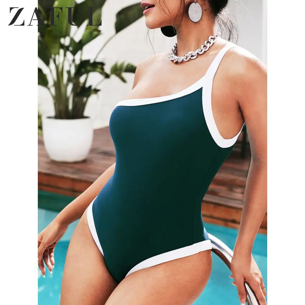Женский слитный купальник ZAFUL с контрастной отделкой на одно плечо купальный