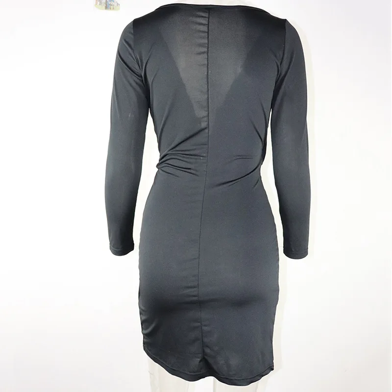 

Mandylandy Spring Summer Fashion Long Sleeve Slim Fit High Waist Mini Slit Dress Women's Sexy Slim Fit V-neck Irregular Dress