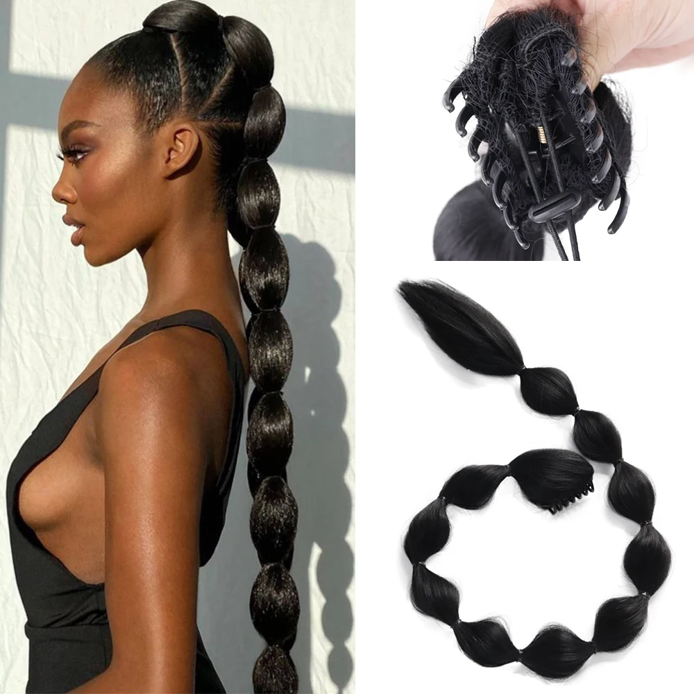 

MERISIHAIR Synthetic 26'' 40'' Black Bubble Braids Hair Extensions Lantern Bubble Ponytail Claw Clip on Hair for Women Fashion