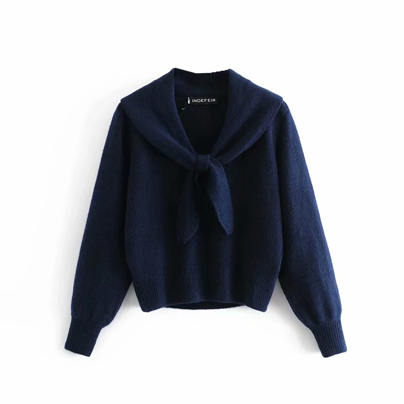 

Ladies Autumn Soft Long Sleeve Knitwear Casual Woman Loose Navy Blue Bow Sweater Fashion Female Oversize Knitted Tops