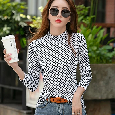 White Polka Dot Shintimes Красная футболка в горошек женская одежда осень водолазка, футболка с длинными рукавами для женщин повседневные футболки Femme - Цвет: White Polka Dot