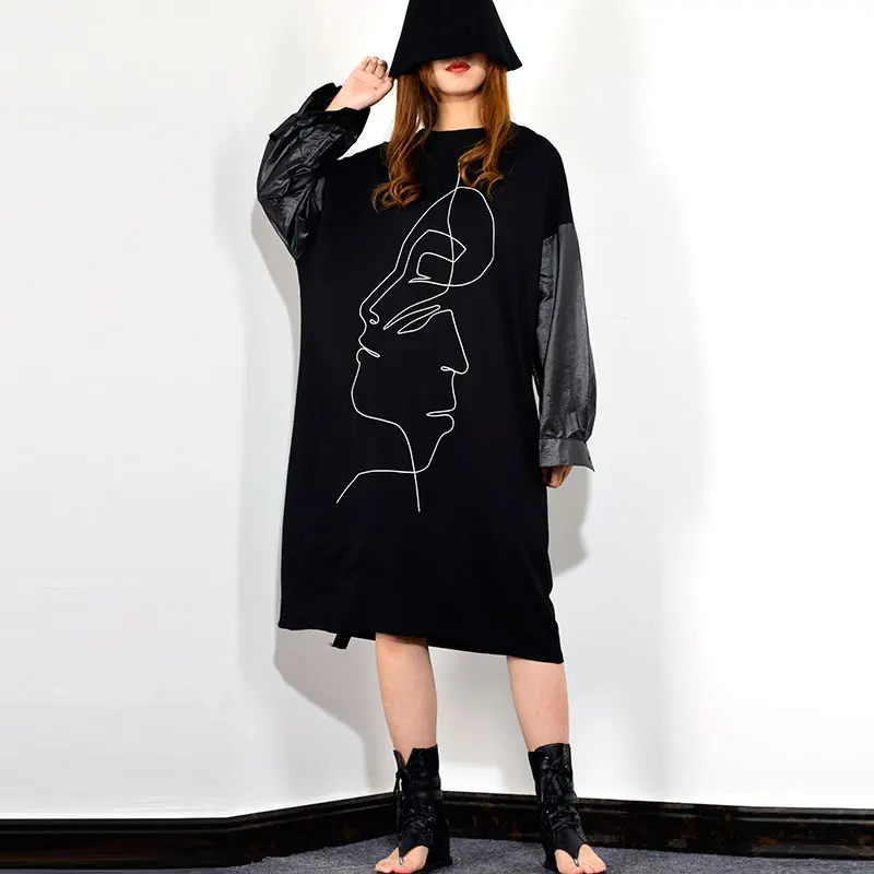 XITAO Tide Pocket Patchwork платье миди с круглым вырезом и длинными рукавами свободное