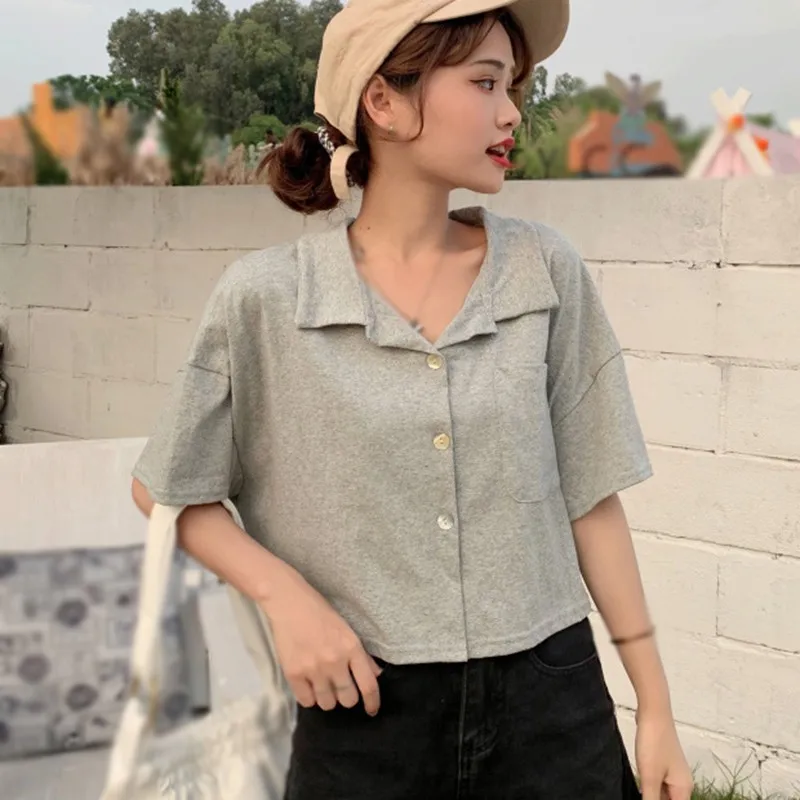 

Summer Women's Solid Notched Exposed Navel Loose Shirt Casual Short Sleeve Blouse Tops