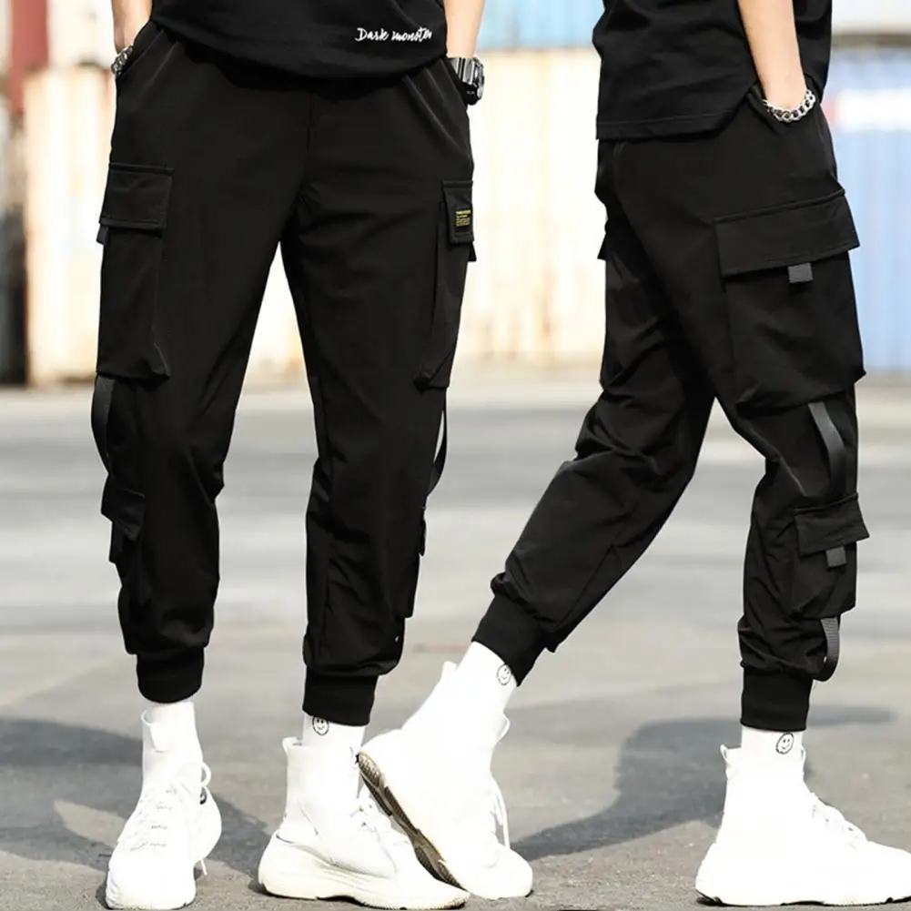 

Men Casual Elastic Waistband Ankle Tied Pockets Cargo Pants Drawstring Trousers