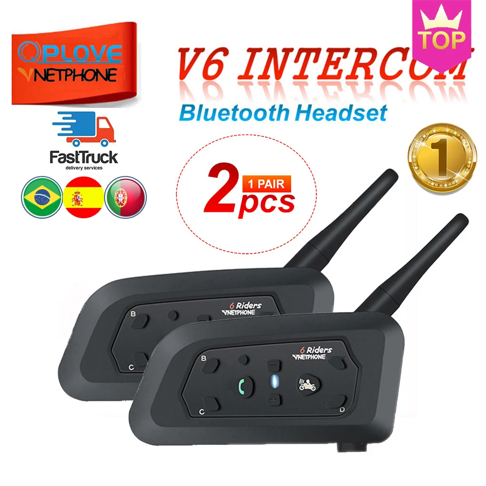 QPLOVE 2 шт. VnetPhone V6 переговорное устройство для мотоциклетного шлема Bluetooth Шлемы-гарнитуры 1200 м Беспроводной говорящая поддерживает FM и музыкальный плеер