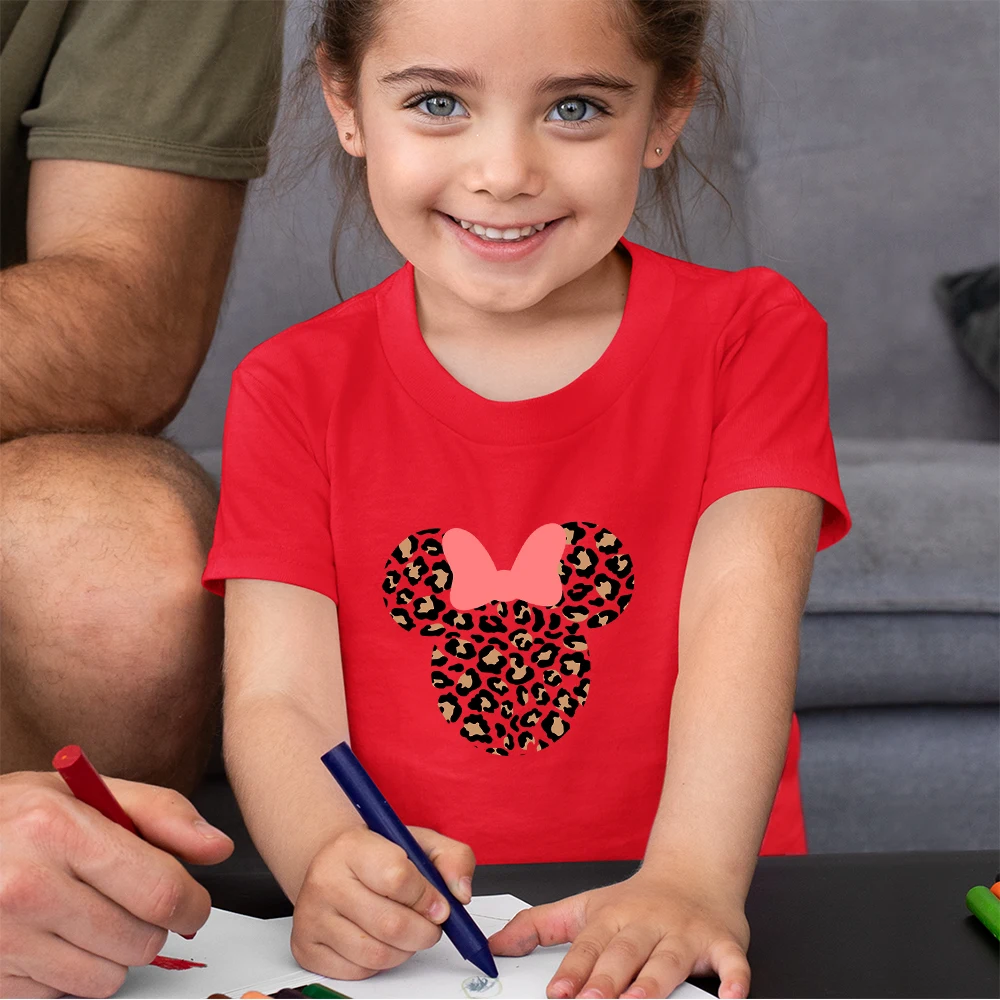 

Disney Summer Short Sleeve Tops Minnie Leopard Print T Shirts Children Harajuku Trend Girl Tees Shirt Toddler Kids Tshirt
