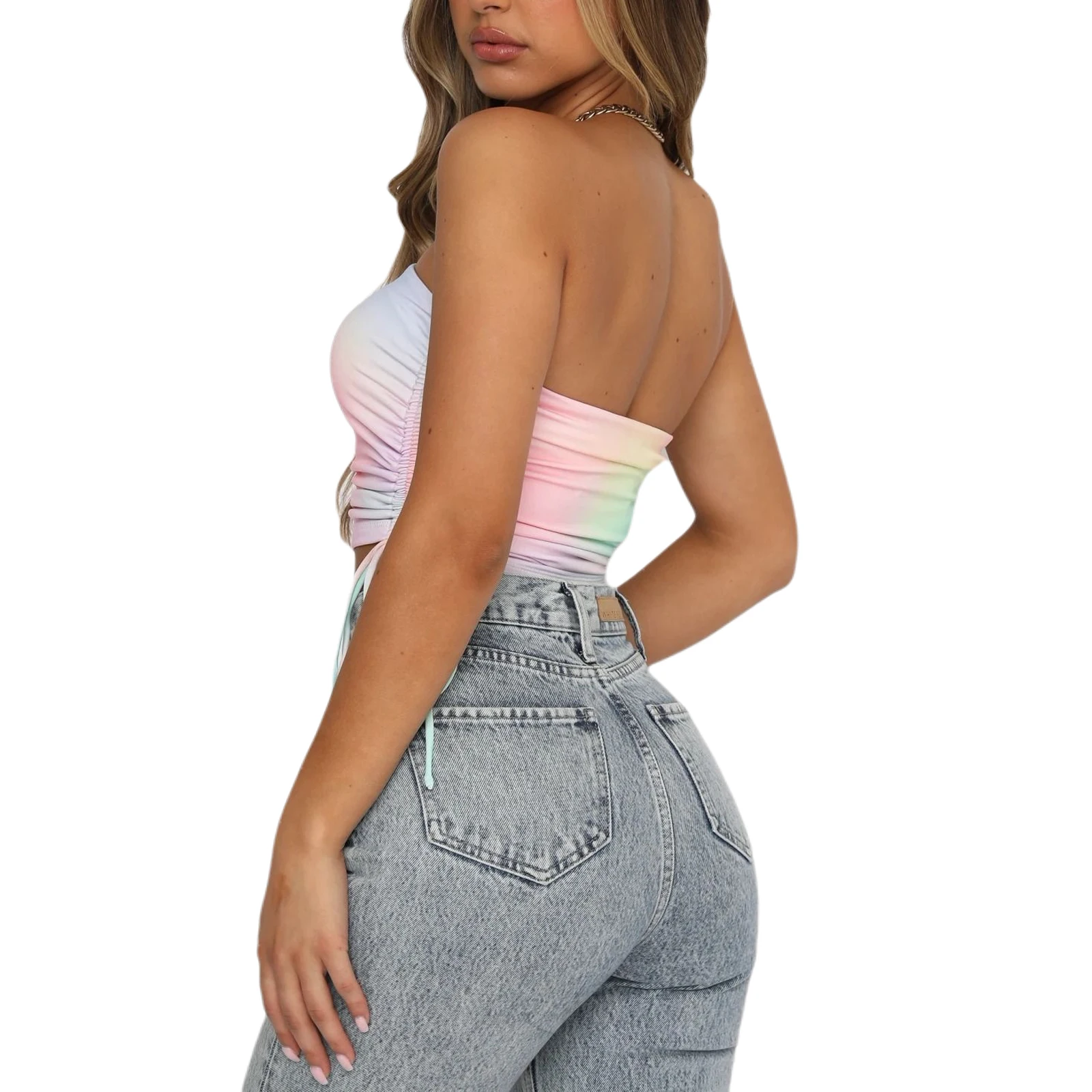 

Women Sexy Strapless Tube Top, Butterfly Pattern / Tie Dye Color Wrap Bandeau Crop Tank Top