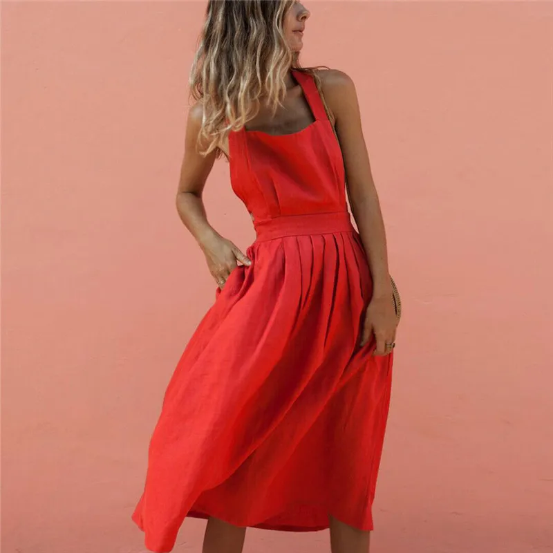 

2019 Casual Women Backless Plain Dress Summer Sleeveless Halter Sundress A-Line Solid Ladies Mid-Calf Beach Sundress S-XL