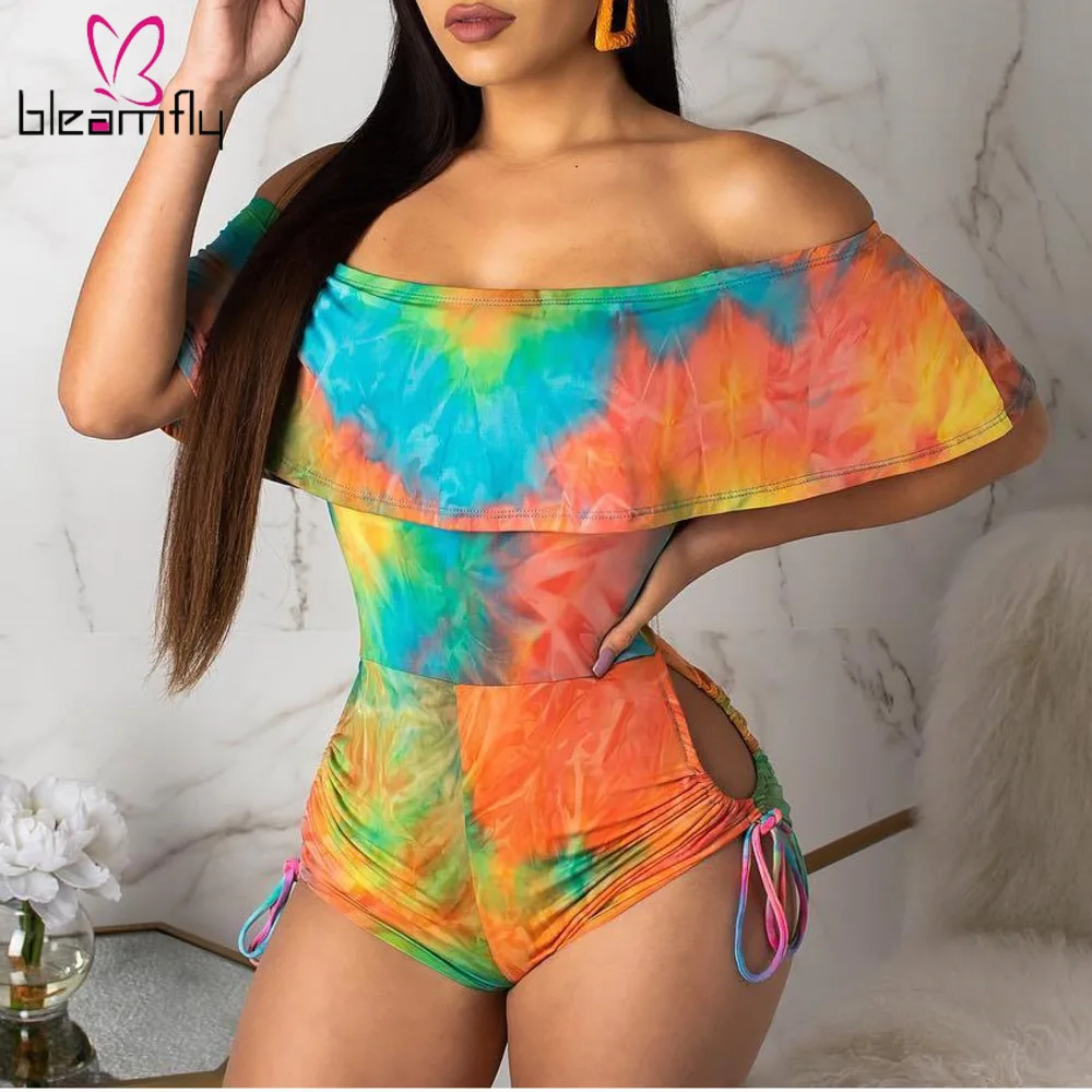 Сексуальный летний женский комбинезон с принтом в стиле бохо оборками вырезом