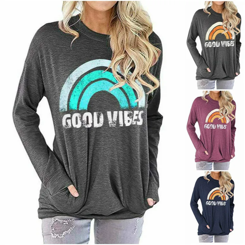 YELITE бренд Для женщин толстовки Радуга хорошая атмосфера с принтом букв свободное