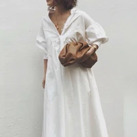 casual white shirt dress maxi chic korean japan oversize women 2021 summer slim solid color office ladies long dresses a