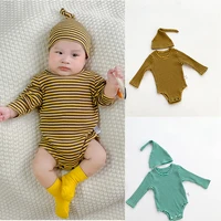 spring and autumn newborn clothing pure cotton stripe long sleeve infant one piece clothing lovely fetal cap 2 piece set