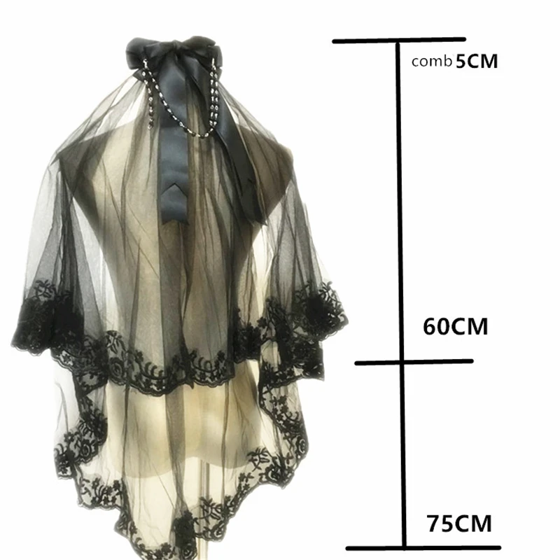 Женская короткая фата с гребнем Черная кружевная двухслойная Фата в стиле панк и