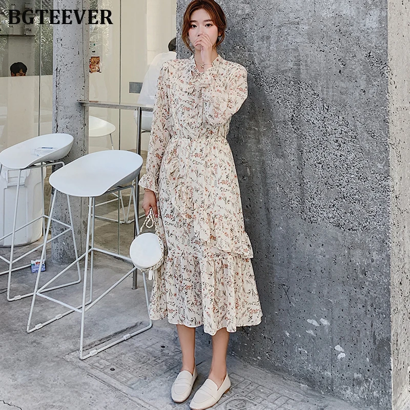 BGTEEVER женское шифоновое платье с цветочным принтом кружевное воротником