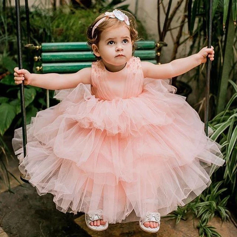 

Blush Pink Tiered Pearls Flower Girl Dresses Floor Length Lace Up Tulle Crystals Party Gowns Kids Birthday Pageant Wedding Dress