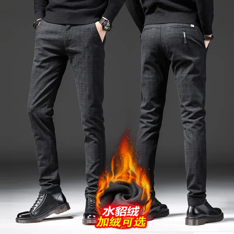2019 New Mens Winter Thick Fleece Fluff Pants Men Korean Casual Slacks Slim Warm for Black Trousers Male | Мужская одежда