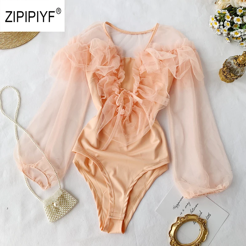 

Office Lady fairy Bodysuit High Elastic Long Lantern Sleeve OL Shirt Women's Clothing Lady Ruffles Mesh Tops Body Blouse AB015
