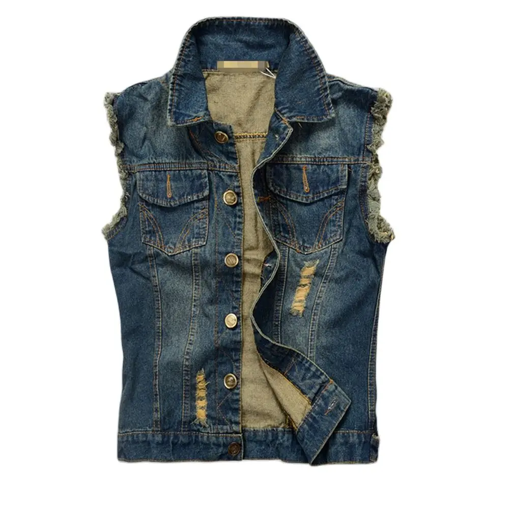 

Male Spring Hot Sale Pockets Single Breasted Turn-down Collar Holes Straight Denim Vest Man Distrresses Cardigan Outerwear