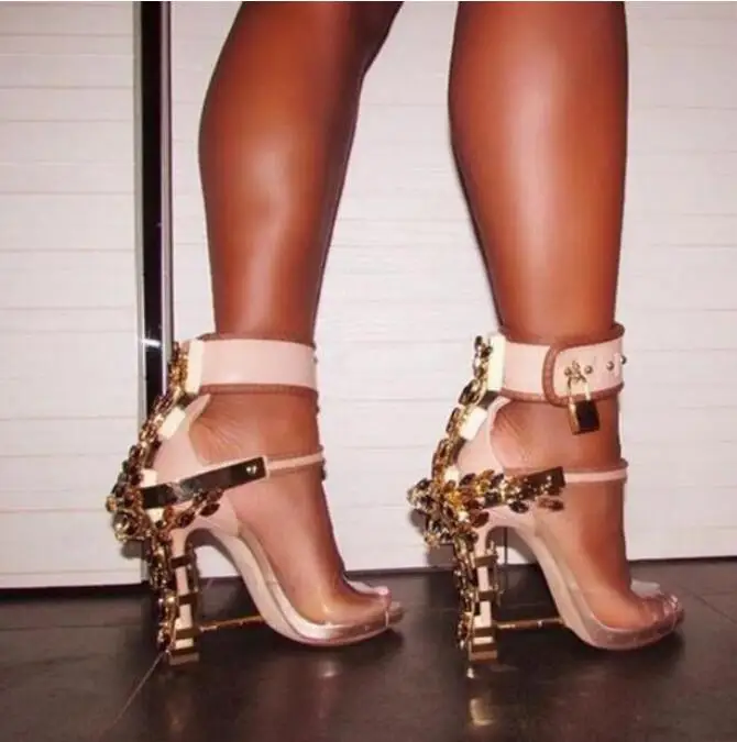 

Kaeve Open Toe Padlock Spiked High Heels Transparent PVC Rihanna Style Crystal Sandal Rhinestones Party Wedding Shoes