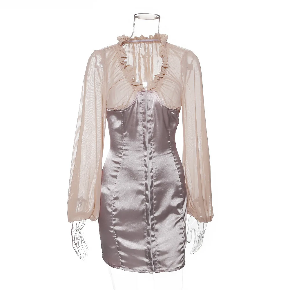 

Ruffle Elegant Dress Women Autumn 2019 Deep V Neck Full Lantern Sleeve Ladies Dresses Sexy Khaki Party Club Dresses Mini Clothes