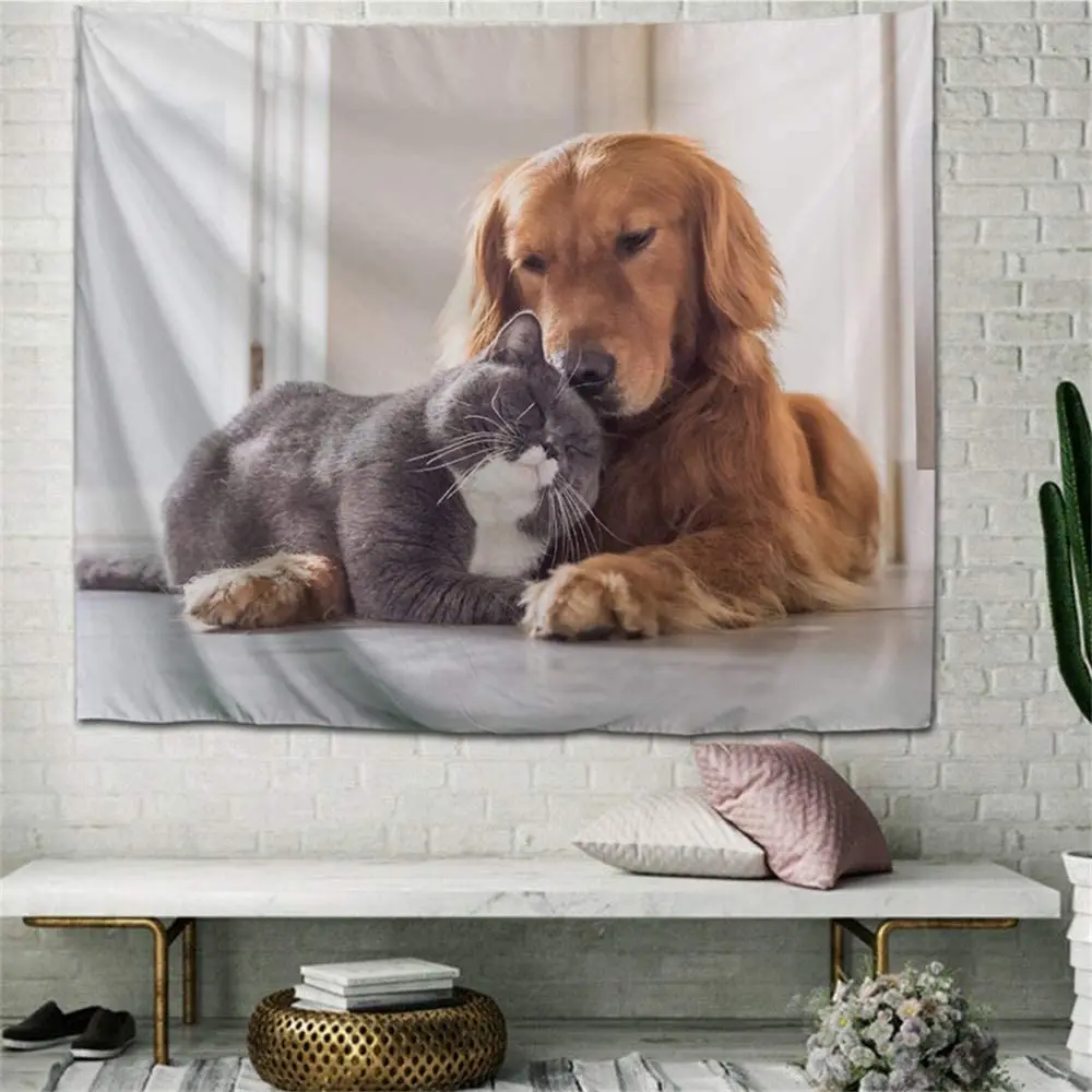 

Кошачий гобелен, кошачья и Золотая собака [с краями] хиппи, животное, детское настенное художественное одеяло для спальни, гостиной, колледж...