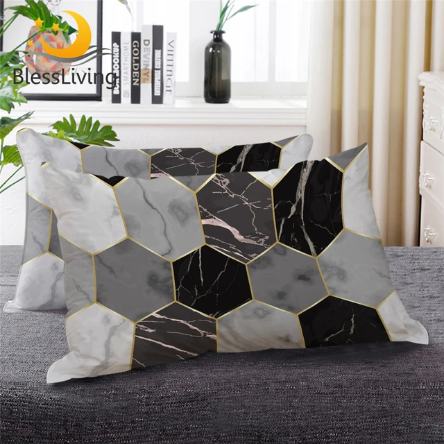 BlessLiving Marble Down Alternative Bed Pillow Geometric Rock Texture Bedding Golden Gray Modern Sleeping Pillows ONE Piece 1