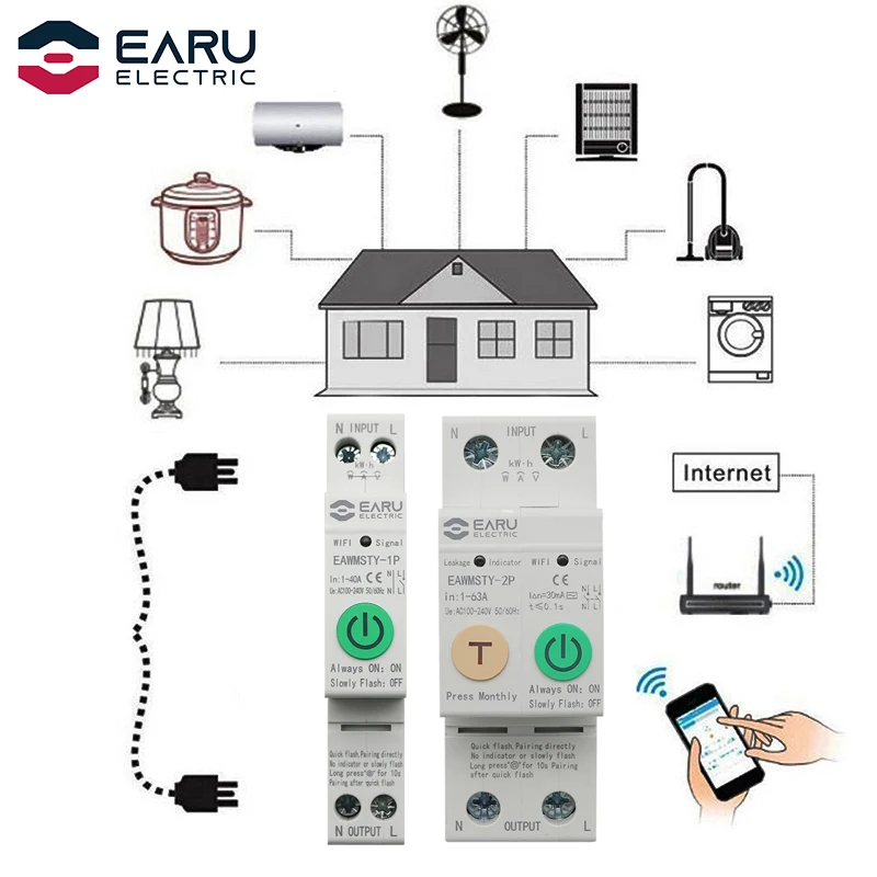 

1P+N 2P Tuya WiFi Smart Circuit Breaker Energy Power kWh Meter Timer Switch Relay Voltmeter Current Leakage Protection RCCB RCBO