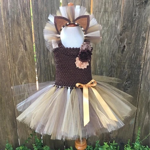 Cute Girls Lion Cartoon Tutu Dress Kids Crochet Tulle Straps with Flowers and Hairbow Children Party Costume Cosplay | Детская одежда и
