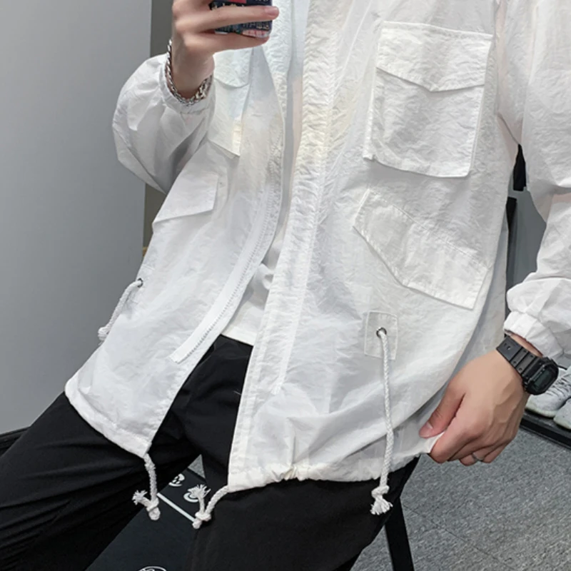 

Summer Thin Jackets Men Solid Loose Drawstring Multi-pocket Large Size Outerwear Breathable Sun Protection Clothing Comfortable