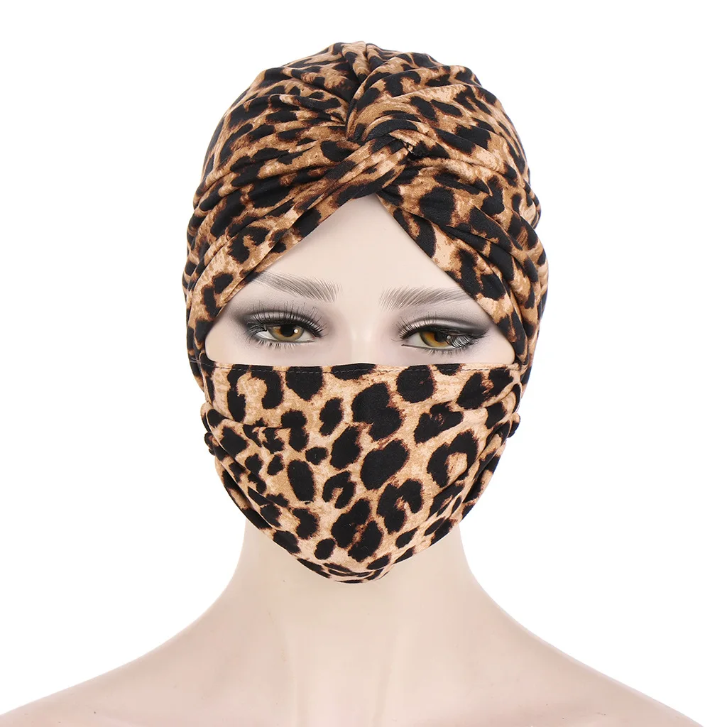 

2pcs/set Women Flower Loepard Turban Head Wrap Hat with Mask Muslim Hijab Scarf Inner Hijab Caps Ladies Islamic Headband