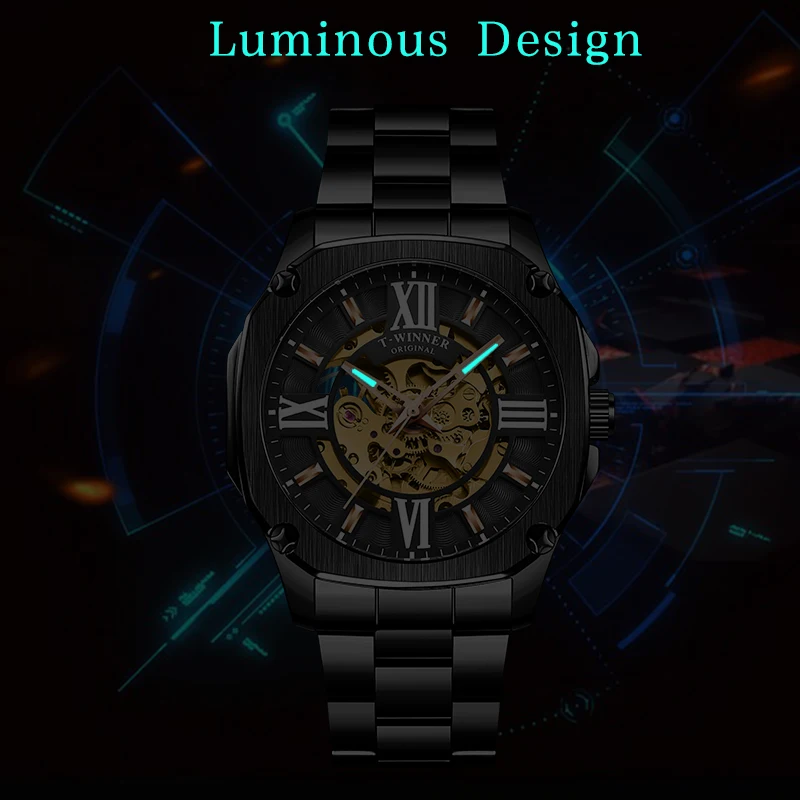 Top Brand WINNER Men Automatic Watch Black Golden Hollow Skeleton Stainless Steel Male Business Mechanical Clock Dropship | Наручные часы