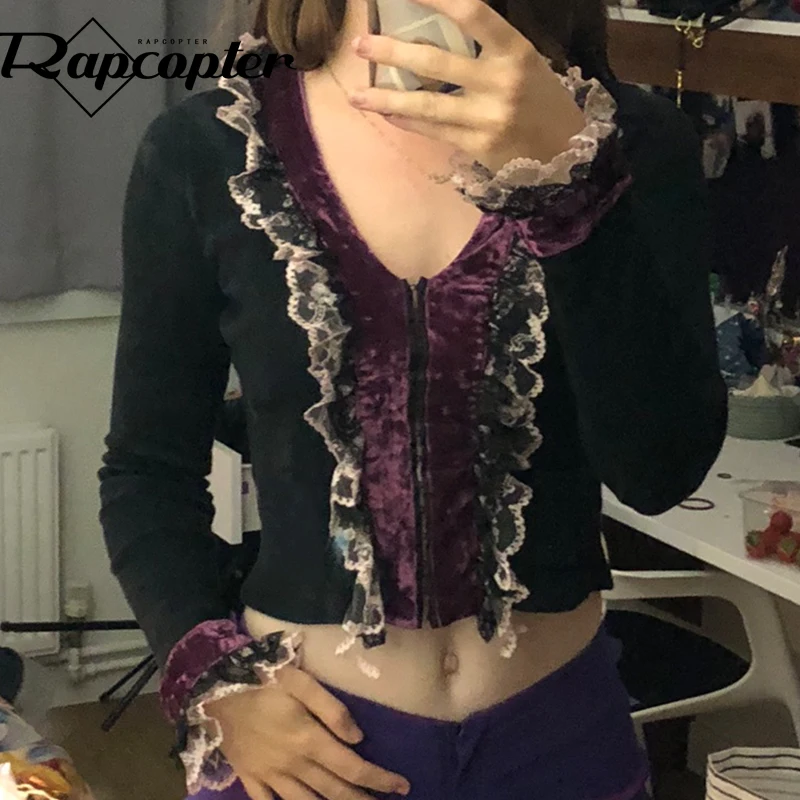 

УКОРОЧЕННЫЙ ТОП Rapcopter Y2K с оборками, футболка в стиле пэчворк на молнии с длинным рукавом, в стиле ретро, Милая партия, академическая футболка...