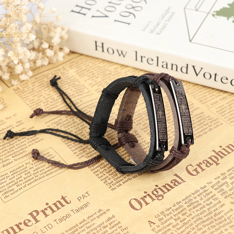 

Metal Bible Verse Charm Lettering Cross Bracelet for Men Prayer Quotes Adjustable Leather Bracelets Bangles Religious Jewelry