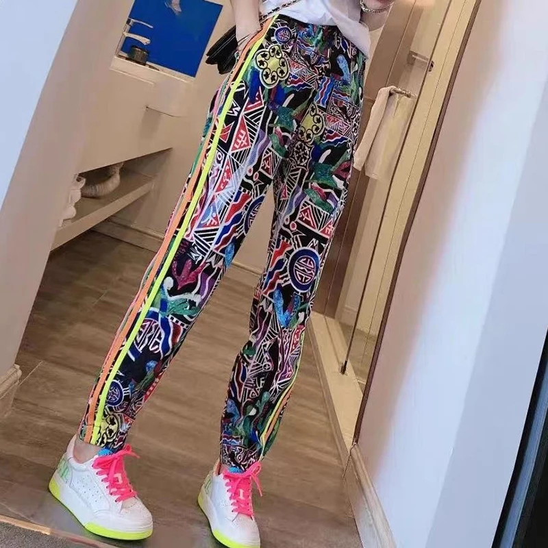 Брюки женские повседневные с цветочным принтом свободные спортивные штаны