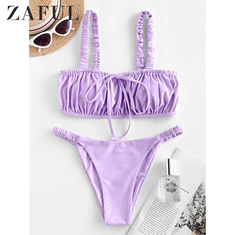 

ZAFUL Sexy Elastic Straps Tie Ruched Bikini Swimsuit New Smocked Padded Tube Top Bikini Sets Solid High Cut Women Bikini Set