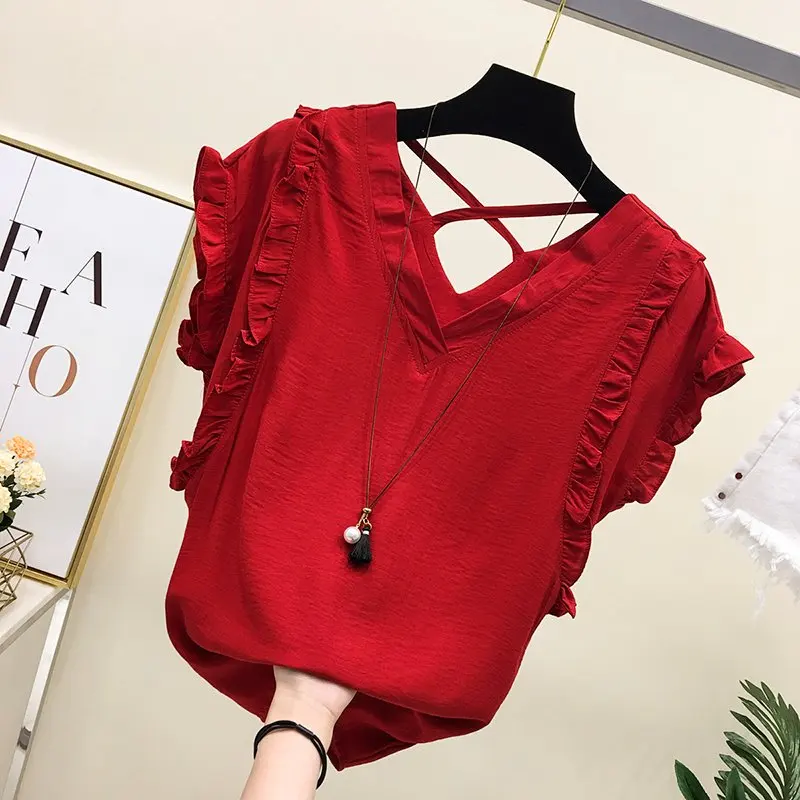 

Vintage Ruffle Blouse Women Chiffon Blouse Short sleeve V neck Backless Korean Fashion Women Clothes Ladies Summer Top Casual