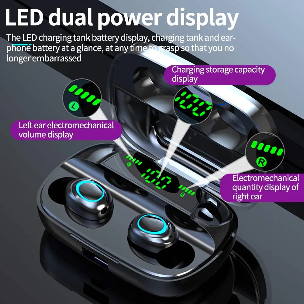 

Wireless V5.0 Bluetooth Earphone HD Stereo Headphone Sports Waterproof Headset With Dual Mic and 3500mAh Battery Charging box