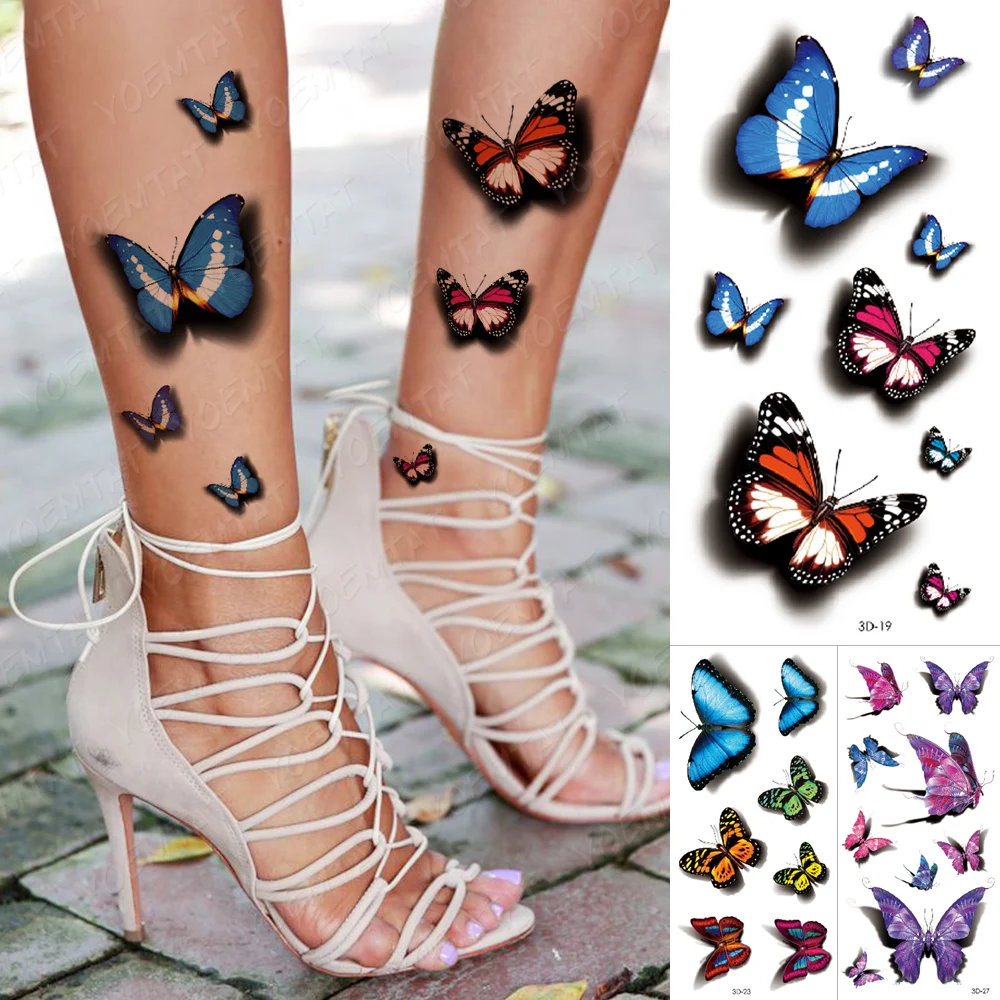 

3D Realistic Waterproof Temporary Tattoo Paste Blue Butterfly Wrist and Ankle Cute Flash Body Art Female Tatoo Paste Child