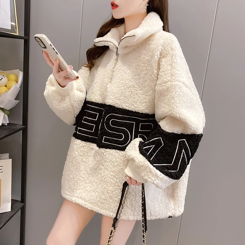 

Winter Lamb Cashmere Women'S Sweatshirt Turtleneck Zipper Oversized Letters Harajuku Fashion Casual Women'S Pullover Sweatshirt