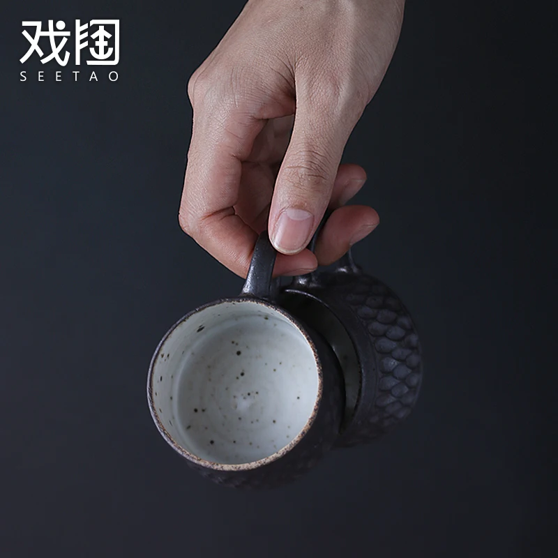 

Ceramic Japanese Tea Cup Set Eco Friendly Black Retro Coffee Cup Set Saucers Reusable Crockery Taza Ceramica Drinkware EB50BD