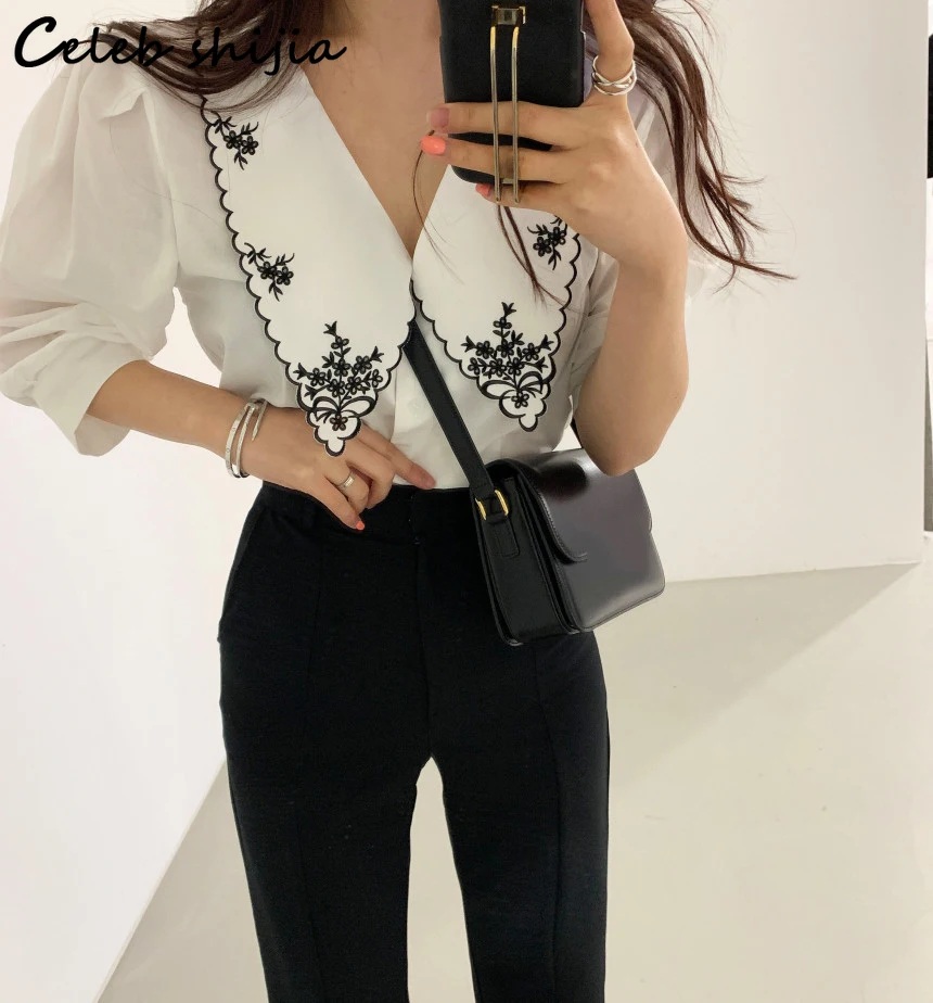 Женская винтажная блузка на пуговицах черная рубашка с коротким рукавом и